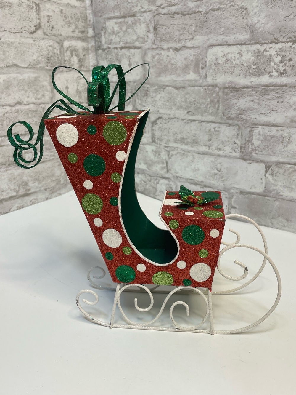 Vintage Pier 1 Christmas Glitter Polkadot Metal Sled Very Rare HTF 10” Decor